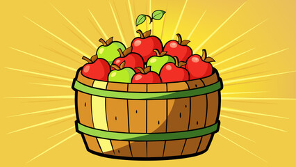 Poster - A wooden barrel filled with freshly picked apples from an orchard their bright red and green skins glimmering in the sunlight. The barrel is old and. Cartoon Vector.