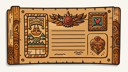 Sticker - A wooden postcard handcarved with intricate designs and symbols sent from a faraway land. The message is etched onto the surface showcasing the. Cartoon Vector.