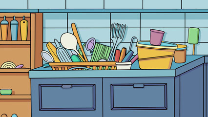 Poster - Behind the kitchen counter there was a cluttered utensil drawer filled with mismatched silverware bendy straws and rubber bands. The drawer was a. Cartoon Vector.