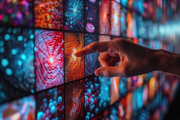 Wall Mural - a hand is pointing at a colorful image with a red dot