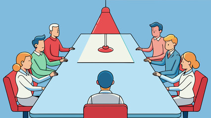 Wall Mural - During a call a group of coworkers sit around a large table and take turns speaking into a speakerphone. The speakerphone has a blinking red light to. Cartoon Vector.