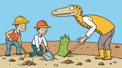 Canvas Print - During an excavation archaeologists uncover a fossil of an entirely new species of dinosaur. With its long slender neck and sharp pointed teeth it is. Cartoon Vector.