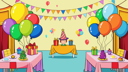 Canvas Print - Follow the trail of colorful balloons to a bright and cheerful birthday party. The tables are covered in bright tablecloths and streamers and a large. Cartoon Vector.