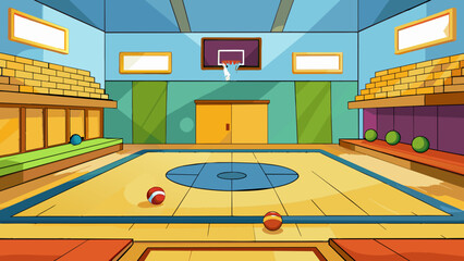 Poster - Gymnasium A large hall with wooden floors and basketball hoops at either end. Colorful mats line one wall for students to use during gymnastics or. Cartoon Vector.