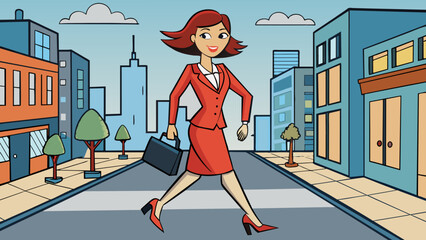 Poster - In a bustling city street a woman confidently strides in a sharp tailored suit her briefcase in hand and her stiletto heels clicking against the. Cartoon Vector.