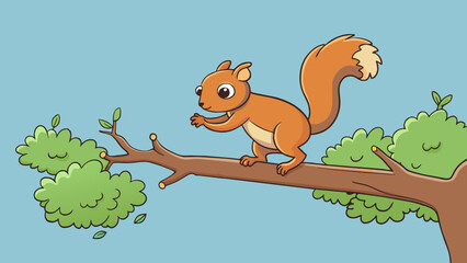 Wall Mural - In a quiet forest a squirrel suddenly scurries up a tree and stops on a branch balancing perfectly on its tiny feet. Its moment is one of agility and. Cartoon Vector.