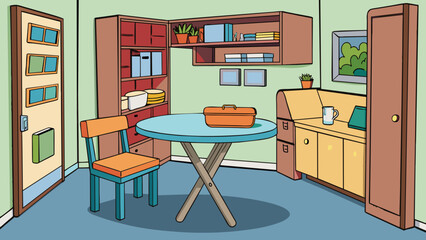 Wall Mural - In a small cluttered apartment a collapsible dining table is essential to save space and provide a functional eating area. Its slim foldable design. Cartoon Vector.