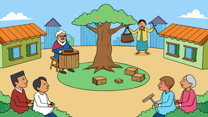 Sticker - In a traditional village a clearing in the center is used as a court. A large tree serves as the judges seat where he sits on a simple wooden chair.. Cartoon Vector.