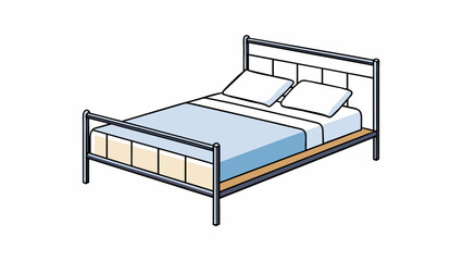 Poster - In the center of the minimalist bedroom sat a low platform bed. The frame was made of sleek black metal with a lowrise headboard to match. The bedding. Cartoon Vector.