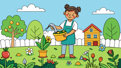 Canvas Print - In the backyard a parent carefully tended to their garden. They stood amidst rows of blooming flowers and flourishing vegetables their hands covered. Cartoon Vector.