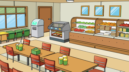 Sticker - In the cafeteria a large refrigerated display case holds premade sandwiches and salads while a steam table displays hot food options. The walls are. Cartoon Vector.