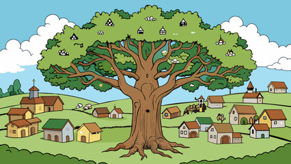 Canvas Print - In the center of the village stands an ancient oak tree its thick branches stretching out over the village in a protective embrace. Local legend says. Cartoon Vector.