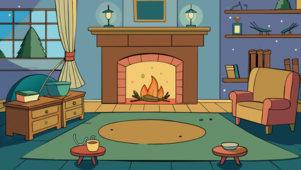 Poster - In the cozy living room the crackling fire provided the only source of light. Its warm glow threw shadows on the walls creating a peaceful and. Cartoon Vector.