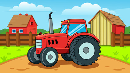 Wall Mural - Jack was a glossy red tractor sitting proudly in the middle of the farmyard. His large rugged tires and powerful engine made him the perfect vehicle. Cartoon Vector.