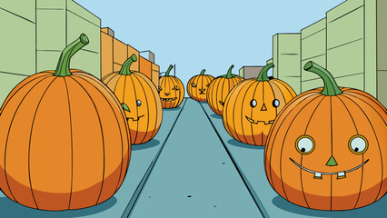 Poster - Pumpkins line the streets displaying their various shapes and sizes as they wait to be turned into jackolanterns or warm comforting pies. Their smooth. Cartoon Vector.