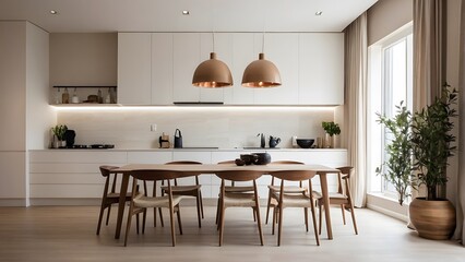 A modern and minimal kitchen interior with table, interior design, kitchen design, interior kitchen design