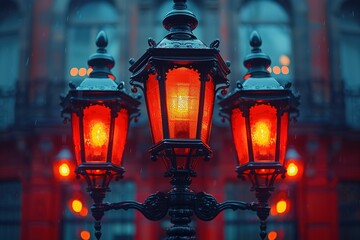 Three red street lamps are lit up in the rain