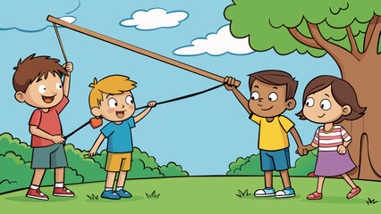 Sticker - The children eagerly took turns tossing the frayed letout rope over the sy tree branch creating the perfect swing for their backyard adventure.. Cartoon Vector.