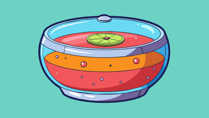 Sticker - The circular object was made of thick transparent glass and contained a clear liquid inside. When the top was removed a refreshing fruity scent filled. Cartoon Vector.