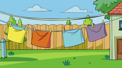 Wall Mural - The clothesline in the backyard was already weighed down with freshly washed laundry gently swaying in the cool breeze.. Cartoon Vector.