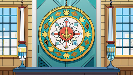 Sticker - The councils official seal hangs proudly on the wall a medallion with intricate designs and symbols representing the values and goals of the council.. Cartoon Vector.