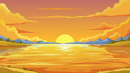 Wall Mural - The golden glow of a sunset casting a vibrant hue across the sky and reflecting on the surface of a tranquil lake.. Cartoon Vector.