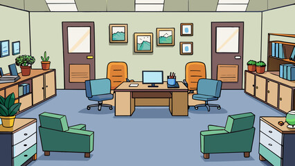 Poster - The human resources department is a quiet and serene space designed for privacy and confidentiality. There are several small offices along one side. Cartoon Vector.