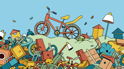 Wall Mural - The lot is cluttered with various objects such as old bicycles broken furniture and piles of scrap metal. It seems to serve as a dumping ground for. Cartoon Vector.