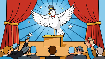 Wall Mural - The magician makes a white dove appear out of thin air much to the amazement of the audience. The dove flaps its wings gracefully its white feathers. Cartoon Vector.