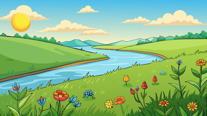 Wall Mural - The meadow was lush and green with wide fields of wildflowers swaying gently in the breeze. In the distance a wide river glistened under the noon sun.. Cartoon Vector.