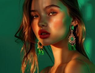 Wall Mural - Radiant Beauty Portrait with Striking Emerald Earrings