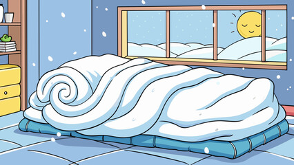 Poster - The soft fluffy blankets on the bed will be tempting to stay nestled under as the chilly air outside promises a cozy day indoors.. Cartoon Vector.