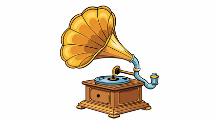 Sticker - The third illustration depicts an oldfashioned gramophone with a large brass horn. The intricate woodwork on the base and the delicate hand crank give. Cartoon Vector.