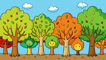 Poster - Throughout the seasons the trees in the forest undergo incredible transformations. In the springtime their branches become adorned with vibrant green. Cartoon Vector.