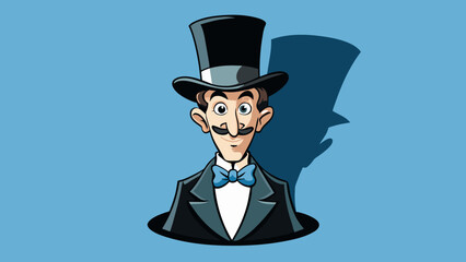 Wall Mural - Top Hat A tall black hat with a flat brim and a pointed crown dd with a glossy satin ribbon. It sits atop a suitclad mans head casting a shadow over. Cartoon Vector.