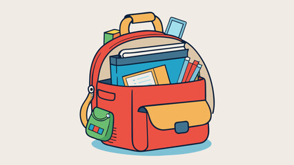 Canvas Print - A backpack overflowing with textbooks and school supplies a forgotten lunchbox poking out from one of the pockets. This item symbolizes the. Cartoon Vector.