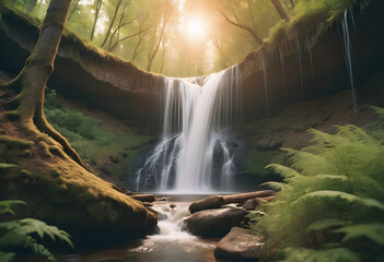 Nature Waterfall in the forest with beautiful weather, nature, wallpaper, beautiful, sunset