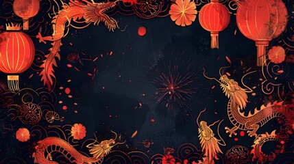 Wall Mural - Vibrant Chinese New Year Festive Doodle Border Design with Radiant Lanterns and Bursting Fireworks on Moody Black Backdrop