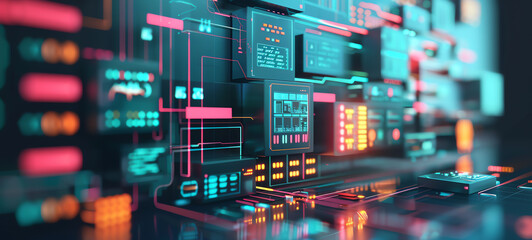 software application architecture, flat design, side view, modular system components, 3D render, triadic color scheme.
