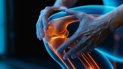 Wall Mural - 3D X-ray rendering of the knee joint, showing a hand pressing on the pain point 