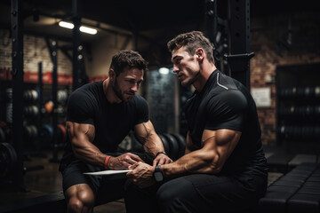 Two athletic men discussing workout plans in a dimly lit gym environment