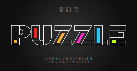 Leinwandbilder - Colorful puzzle font, shapes and outline alphabet, bold playful typeface for toy logo, eye-catching headlines, toy typography, engaging fun typographic design. Vector typeset