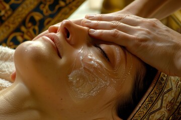 Wall Mural - Delicate Facial Acupressure Treatment in a Richly Decorated Spa Room - Wellness and Relaxation Concept