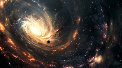 Wall Mural - A black hole in the center of a swirling galaxy, emitting a bright white light.