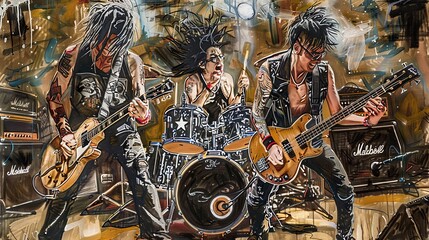 Wall Mural - Celebrity Drawings: Drawings of bands or bands at concerts. It is a painting filled with the power and charm of a vivid performance.