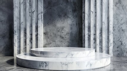 Canvas Print - Empty marble podium for product display on marble background. Realistic empty pedestal mockup for cosmetics advertising. Minimal beauty scene.