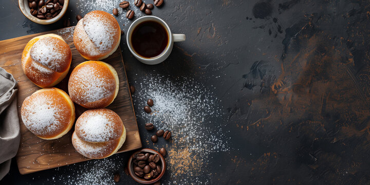 A breakfast of powdered sugar donuts, bagels and coffee, viewed from above against a background with plenty of space for additional photos or text, creates an appetizing and inviting setting.