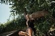 © Nicola Suttle/Stocksy - Long haired brunette woman touching tree trunk in garden