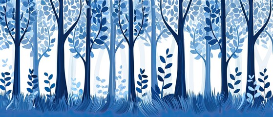 Beautiful blue forest illustration with stylized trees and leaves. Perfect for nature-themed designs, wallpapers, and artistic projects.