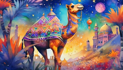 Wall Mural - watercolor Camel art painting for eid ul adha. Watercolor Camel Painting for Eid ul Adha